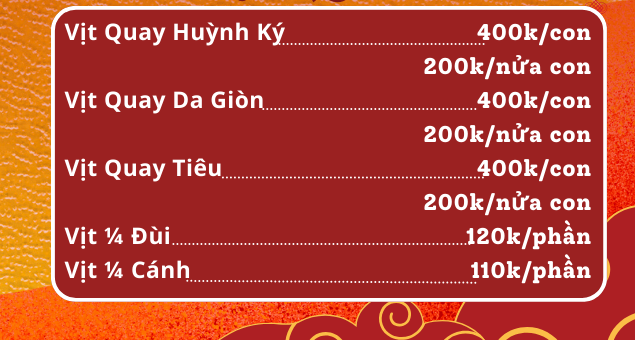 Menu vịt quay Huỳnh Ký